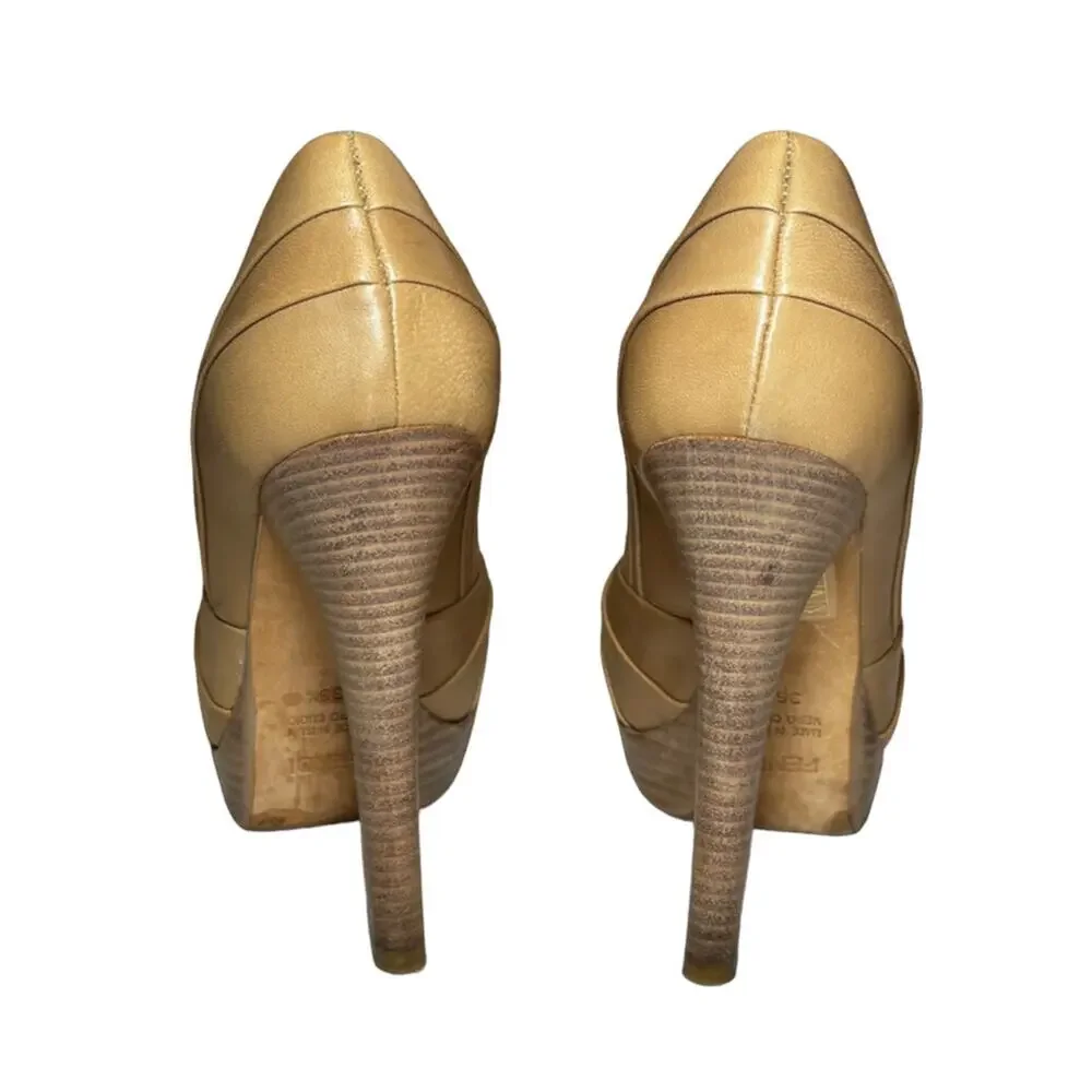 Fendi Fendista Beige Nude Leather Peep Toe Platform Pumps Heels EU 36.5 US 6.5